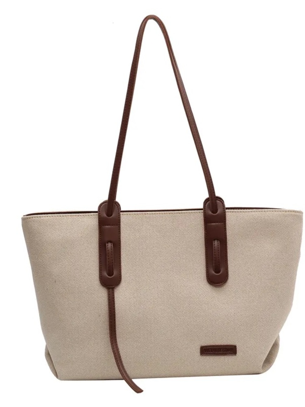 Canvas Tote Bag with Brown Leather Trim - Beige